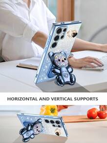 多功能手机壳和支架套装，兼容 16 Pro Max/15 Pro Max/14 Pro Max/13 Pro Max/12 Pro Max/11 Pro Max/XS Max/7/8 Plus、A35/A15/S24U，包含熊架、防摔电镀框架、心形 DIY、闪光纸、隐藏式电镀支架防水防震防刮 - 藍色 - 查看 3