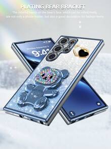 多功能手机壳和支架套装，兼容 16 Pro Max/15 Pro Max/14 Pro Max/13 Pro Max/12 Pro Max/11 Pro Max/XS Max/7/8 Plus、A35/A15/S24U，包含熊架、防摔电镀框架、心形 DIY、闪光纸、隐藏式电镀支架防水防震防刮 - 藍色 - 查看 4