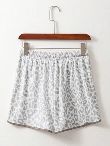 Acelitt 白色豹纹松紧腰系带撞色边饰休闲短裤 - 白色 - 查看 5