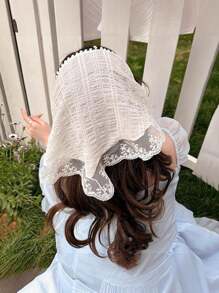 1件套蕾丝头巾，复古三角围巾，法式飘带发带，防晒发髻帽，丝巾，女士头巾帽，田园优雅发带，蕾丝边发饰，连衣裙配饰 - 米色 - 查看 4