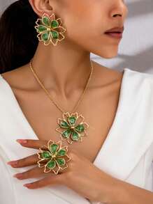 Set de 4 piezas de collar, aretes y anillo con diseño de flor hueco de metal esmaltado en estilo bohemio elegante y de moda, adecuado para uso diario y de fiesta de mujeres, diseño de flor aleatorio - Verde - Ver 11