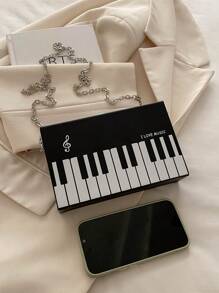 1 pièce Nouveau sac bandoulière mini stylé à imprimé piano, thème musical de fête. Sac à épaule carré avec motif de clavier de piano. Boucle et bandoulière en métal. Convient pour les fêtes musicales et en cadeau pour femmes. Boîte rigide peut ranger un téléphone
