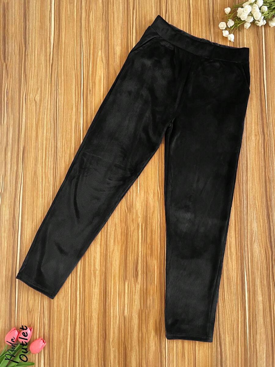 Women's Semi-Skinny Pants, Ideal For Summer And Spring Seasons, Casual And Elegant, Ribbed Fabric, Side Pockets, Natural Waist Adjustment With Elastic, Cotton And Polyester Fabric, Cool, Soft And Comfortable Interior. - 黑色 - 查看 1