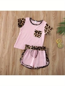 2Pcs Toddler Baby Girl Boy Leopard T-Shirt Short Sleeve Tee Tops And Shorts Pants Summer Outfits Set