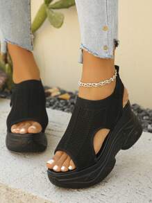 女士时尚休闲针织镂空透气坡跟凉鞋，百搭黑色 - 黑色 - 查看 5