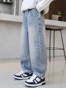 Jeans décontractés et déchirés pour garçons, jeans en denim délavé pour jeunes et adolescents, pantalon à jambes fuselées relaxantes