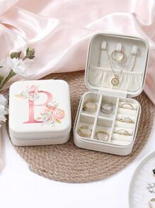 A-Z Floral Letter Pattern Travel Jewelry Box, Portable Zipper Travel Jewelry Storage Box, Gift Box For Women, PU Leather Waterproof Jewelry Box For Rings, Pendants, Earrings, Necklaces, Etc. - Gift Boxes For Girls And Women, Sun Travel Cool Back To School