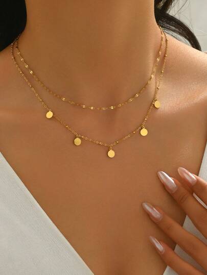 LIEBEIRIS 1pc 18K Gold Plated Minimalist Double Layer Geometric Circle Pendant Stainless Steel Necklace, Suitable For Women's Daily Wear And Gift