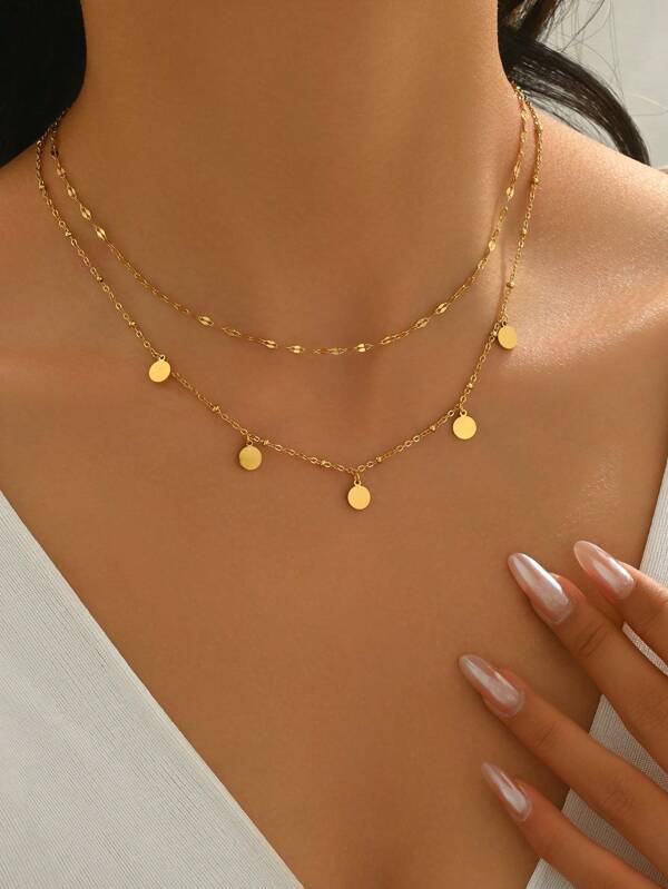 LIEBEIRIS 1 pieza Collar de acero inoxidable con colgante de círculo geométrico de doble capa chapado en oro de 18K, adecuado para uso diario de mujeres y como regalo