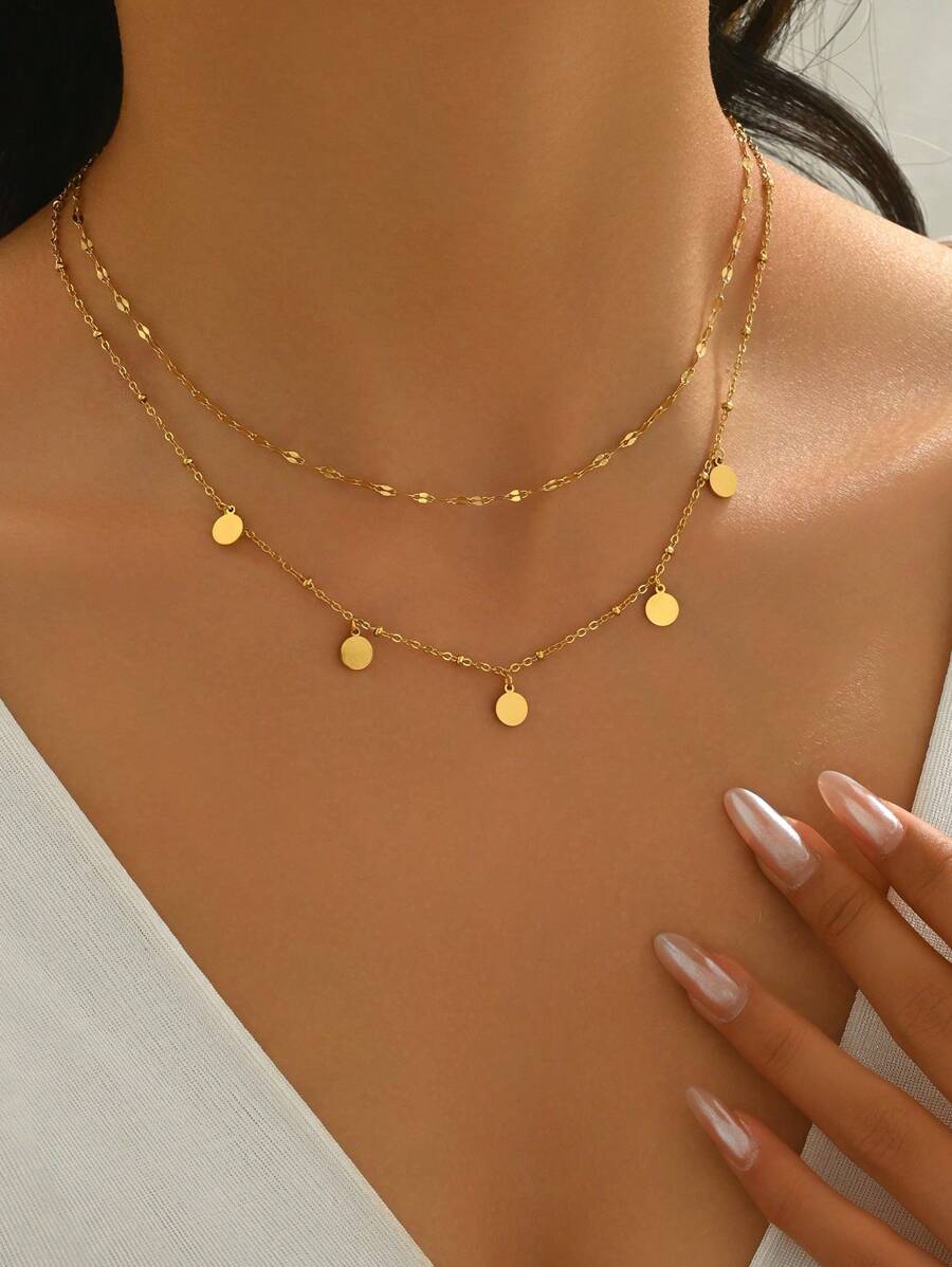 LIEBEIRIS 1 chiếc vòng cổ thép không gỉ mạ vàng 18K hai lớp tối giản hình tròn hình học, thích hợp làm trang phục hàng ngày và quà tặng cho phụ nữ - Vàng - Xem 1