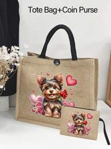 Bolso de mano con bolsa de maquillaje con estampado de perro de dibujos animados, bolso elegante y espacioso con estampado de Yorkshire Terrier, bolso grande con estampado lindo de cachorro - Bolsa reutilizable para la compra, con correa de hombro, perfecto para compras y regalos, bolso de playa de gran capacidad para mujeres