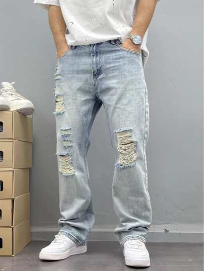 Teenage Boy's Distressed Denim Jeans, Teen Boy Casual Elastiska midjebyxor, Vår Höst Nyankomst
