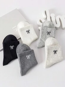 5 Pairs Of Children's Socks, Solid Color Bow Pattern Girls Four Seasons Cute Casual Simple Daily Travel Can Wear Children's Mid-Tube Socks.
