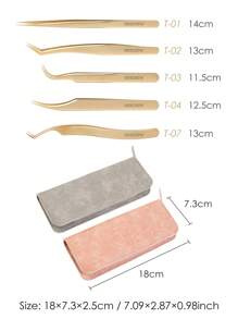 Seedew 一套睫毛嫁接镊子套装，5把金色镊子，可爱粉灰色收纳盒，专业睫毛嫁接工具，非磁性不锈钢化妆精密仪器 - 金色 - 查看 7