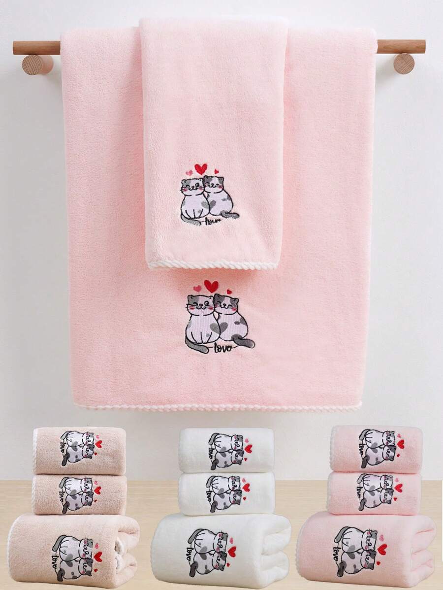 1pc Coral Fleece Embroidered Romantic Cat Design Towel/Bath Towel, Absorbent Soft Makeup Remover Towel, Couples Bathroom Towel, Student Dorm Face/Bath Towel