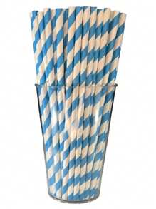 100 Organic Paper Straws 6mmx19.7cm Striped 2 Colors - Azul claro/Blanco - Ver 1