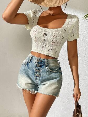 女士纯色短袖镂空针织上衣，休闲度假