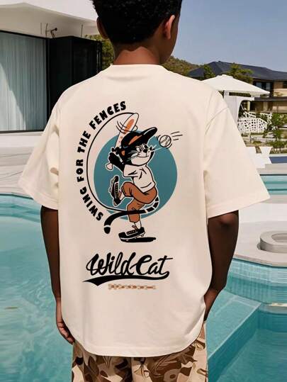 青少年男孩休闲图案印花圆领短袖 T 恤，夏季上衣