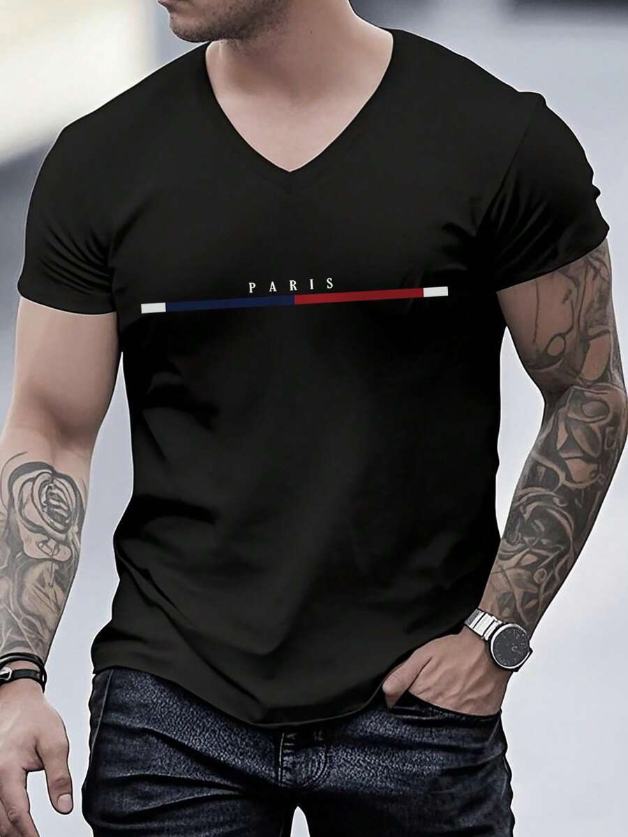 Men's V-Neck Short Sleeve Letter Print Casual T-Shirt