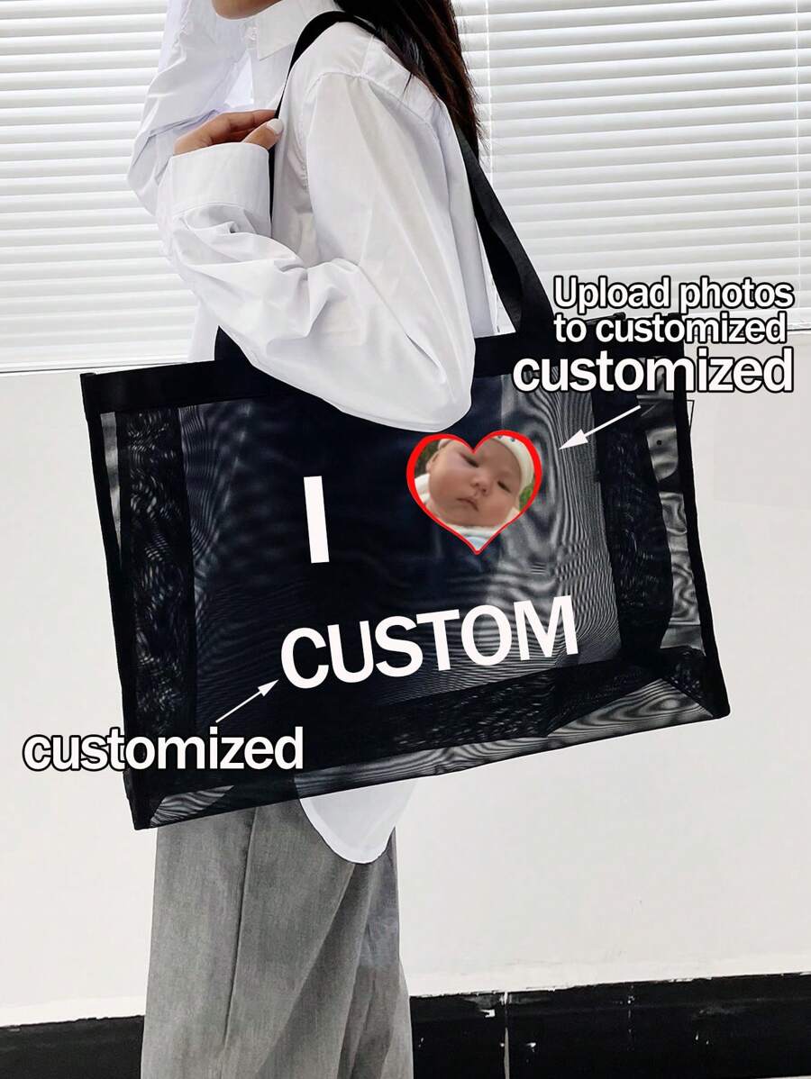 Personalized Mesh Tote Bag, Gifts For Girlfriend/Wife, Valentine's Day Gifts,Large Capacity Lightweight Stylish Personalized Tote Bag , Customized Face, Customized Women's Shoulder Bag Casual Shopping Bag Tote Bags - Black - View 1