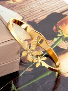 1pc Gold Color Bracelets For Women Teen Girls Rhinestone Orchid Flower Stainless Steel Cuff Bangle Female Daily Party Jewelry Gifts Valentines,Mom,Mother,Mother's Day,Gift