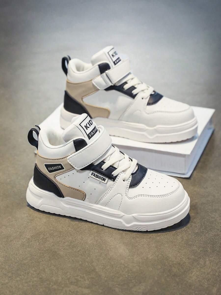 Spring Kids' Fashion Color Block Sports Sneakers With Hook And Loop Closure, Lightweight & Comfy, Suitable For Casual Daily Wear - Black - View 1