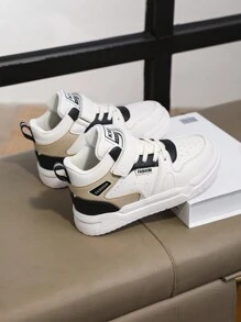 Spring Kids' Fashion Color Block Sports Sneakers With Hook And Loop Closure, Lightweight & Comfy, Suitable For Casual Daily Wear - Black - View 6