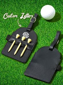 1pc Customized Engraved Leather Golf Bag Tag | Personalized 5-Hole Golf Ball Display Stand | Gift For Golf Enthusiasts | Available In Black And Brown | Groomsman Gift, Gift For Dad/Mom | Diameter: 9.5*9.5cm | Birthday, Christmas, Retirement Gift | Handmade Golf Accessory - Black - View 1