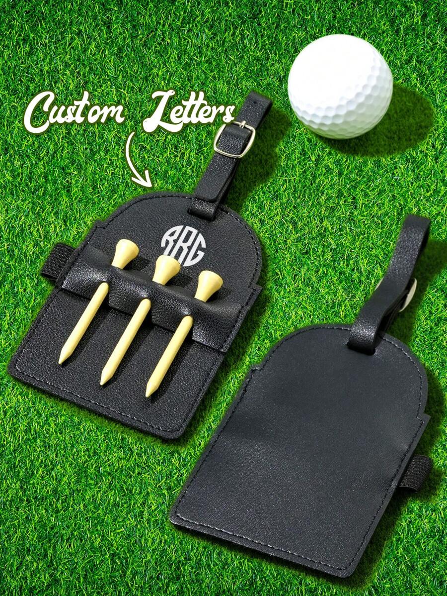 1pc Customized Engraved Leather Golf Bag Tag | Personalized 5-Hole Golf Ball Display Stand | Gift For Golf Enthusiasts | Available In Black And Brown | Groomsman Gift, Gift For Dad/Mom | Diameter: 9.5*9.5cm | Birthday, Christmas, Retirement Gift | Handmade Golf Accessory - Black - View 1