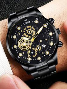 1 Set Men's Watch Business, Fashion, Calendar Function, Luminous Seconds Hand, Anti-Mechanical Numeric Dial Quartz Watch And Lion's Head, Crown Beaded Bracelet Accessory Set Perfect For Everyday Wear, Birthday Gifts, Parties, Holiday Gatherings, And As The Ideal Gift For Yourself Or Friends No Box