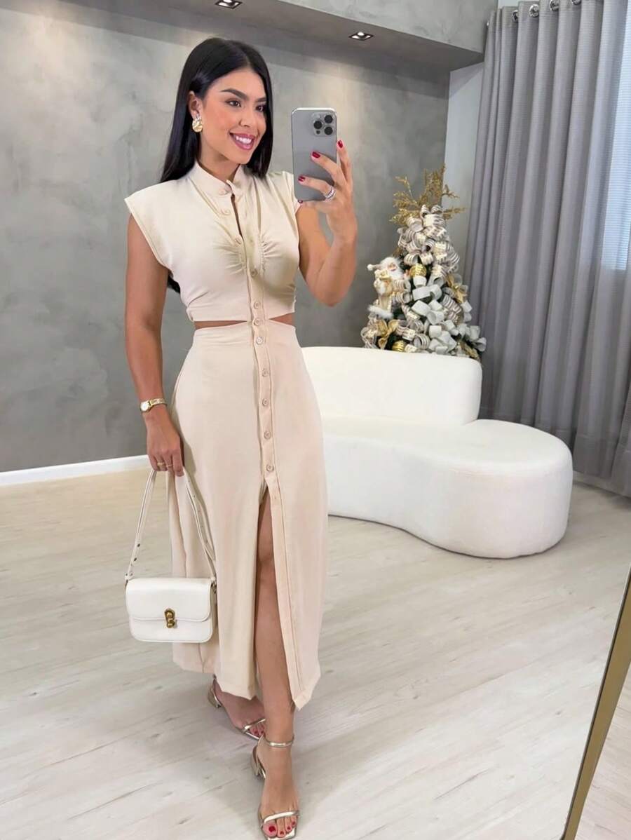 Long Dress With Button In Front Summer Dress Party Wedding Guest Long Dress - Beige - View 1