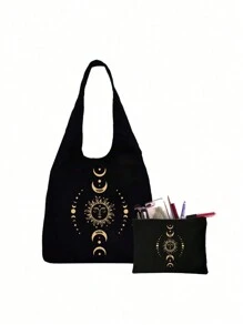 月亮星星印花帆布手提袋，黑色图案印花手提包，黑色小收纳袋，是情人节礼物、伴娘个性化婚礼回礼袋、化妆包、简约旅行收纳袋的理想之选。 - 黑色 - 查看 14