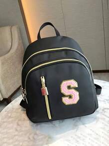 女士尼龙材质时尚背包，粉色毛巾刺绣字母A-Z，多功能时尚设计包，拉链封口，大容量学生多口袋背包，女孩背包，小女孩背包，中小学生背包，适合上学、旅行、送礼、生日礼物、旅行用品 - 黑色 - 查看 2