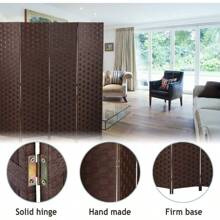 Portable Folding Privacy Screen Room Removable Freestanding 4 Panel Wooden Room Partitions Weave Fiber Brown - Brown1 - View 2