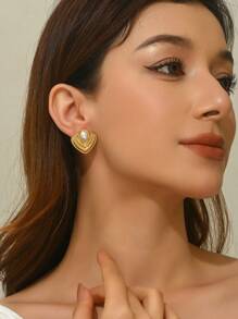 VceTd 1 Pair Elegant Oval Faux Pearl Asymmetrical Geometric Arc Textured Earrings, Low Allergy Jewelry With High-End Vibe, Suitable For Parties And Daily Wear - Yellow Gold - View 4