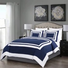 Wyatt 7-Piece Square Pattern Hotel Style Bed In A Bag Comforter Set With Bed Sheets - Navy/White - View 2