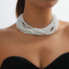 1pc Boho Multilayer Pearl Necklace, Elegant Minimalist Sexy Choker Necklace, Sweet Elegant Collarbone Chain, Brown, Rose Red, Black, White, Gifts For Ladies