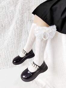 1 双女孩优雅缎面蝴蝶结网眼袜