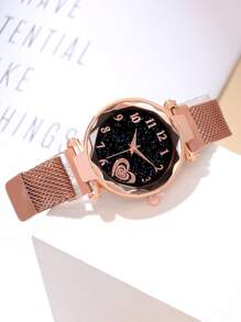 6pcs Fashionable & Versatile Sparkling Star Magnetic Clasp Quartz Watch With Bracelet, Necklace, Earrings, Ring Jewelry Set For Women