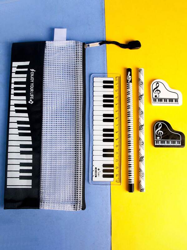 6-delige schrijfwarenset in pianostijl, kawaii cartoon schrijfpen, etui met rits voor studenten, ideale prijs voor muziekles, zwart, schoolspullen voor het nieuwe schooljaar, cadeaus voor studenten in cartoonstijl