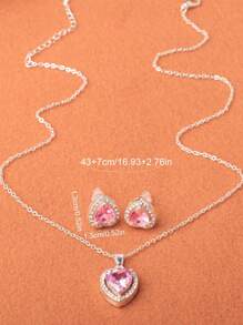 3pcs/Set Solid Color Heart Shaped Zirconia Earrings, Necklace & Pendant Set, 5 Colors Available Valentines