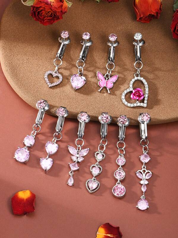 2 piezas Anillo falso de ombligo con corazón de circonita cúbica rosa, mariposa, rosa, diseños de anillo de ombligo falso sin perforación para joyería de mujer, joyería de acero inoxidable sin perforación, anillo de ombligo sin perforación con clip para uso diario