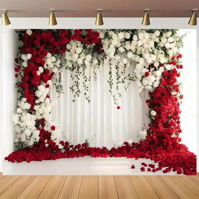 1ชิ้น พื้นหลังดอกกุหลาบสีขาวเอลิแกนต์ polyester - ไม่ต้องใช้ไฟฟ้า เหมาะสำหรับงานแต่งงาน วันเกิด ครบรอบ บัพติศมา และงานเฉลิมฉลอง