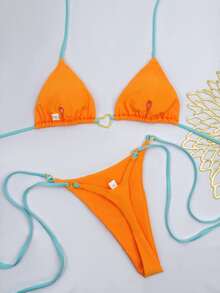 2024 Sexy Contrast Color Lace-Up Nylon Fabric Bikini Set, Swimwear For Women, Beach Holiday Spa - Orange - View 2