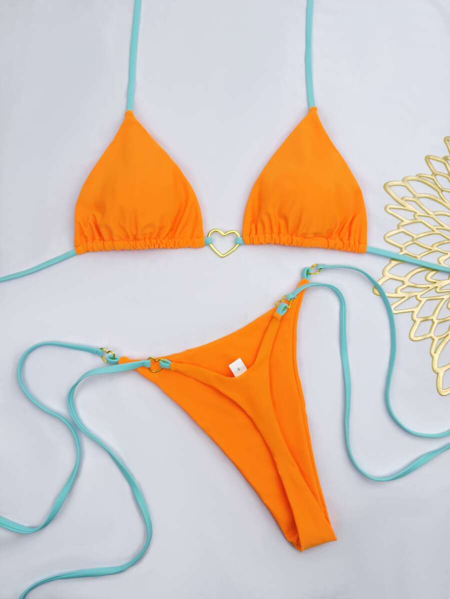 2024 Sexy Contrast Color Lace-Up Nylon Fabric Bikini Set, Swimwear For Women, Beach Holiday Spa - Orange - View 1