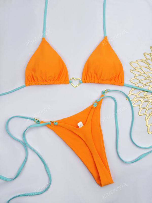 Conjunto de bikini de tela de nailon con cordones y contraste de colores, traje de baño para mujer, para vacaciones en la playa y spa, 2024