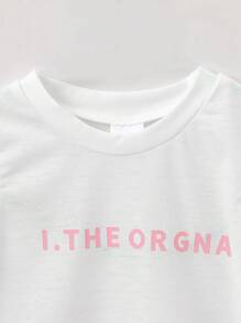 2 piezas Camiseta de manga corta con estampado de letras y vaqueros largos de denim con decoración de lazo 3D y bolsillos para niñas bebés, lindo y fresco, adecuado para salir, estar en casa, fiesta