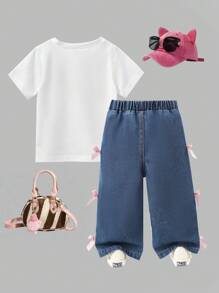 2 piezas Camiseta de manga corta con estampado de letras y vaqueros largos de denim con decoración de lazo 3D y bolsillos para niñas bebés, lindo y fresco, adecuado para salir, estar en casa, fiesta