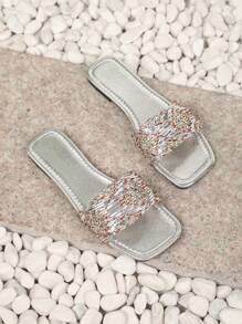 Women Plus Size 2025 Silver Metallic Glitter Decor Slides, Summer Fashion Sandals, Bohemian Style Flat Beach Slippers