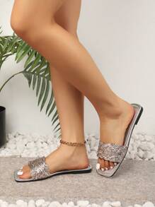 Women Plus Size 2025 Silver Metallic Glitter Decor Slides, Summer Fashion Sandals, Bohemian Style Flat Beach Slippers